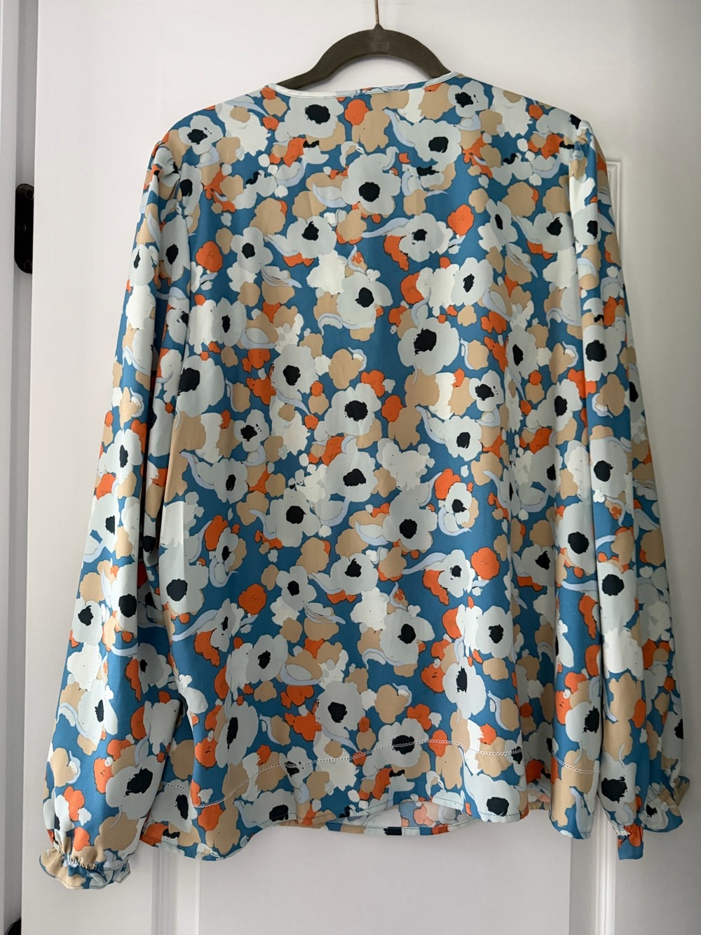 Joie XL Blue Abstract Floral Pintuck Tie Neck Peasant Blouse Boho - Picture 3 of 7